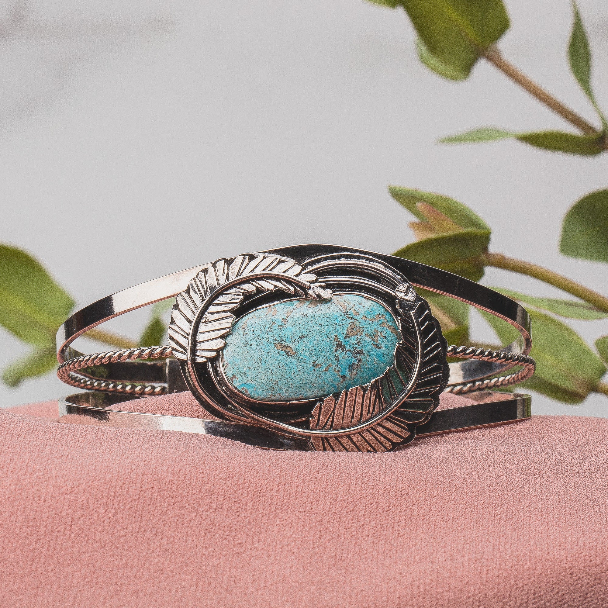 Blue Ridge Lightning Turquoise Cuff Bracelet With Feathers | Huge One Of A Kind Sterling Silver Aqua Blue Bohemian Boho Indian Navajo Cuff