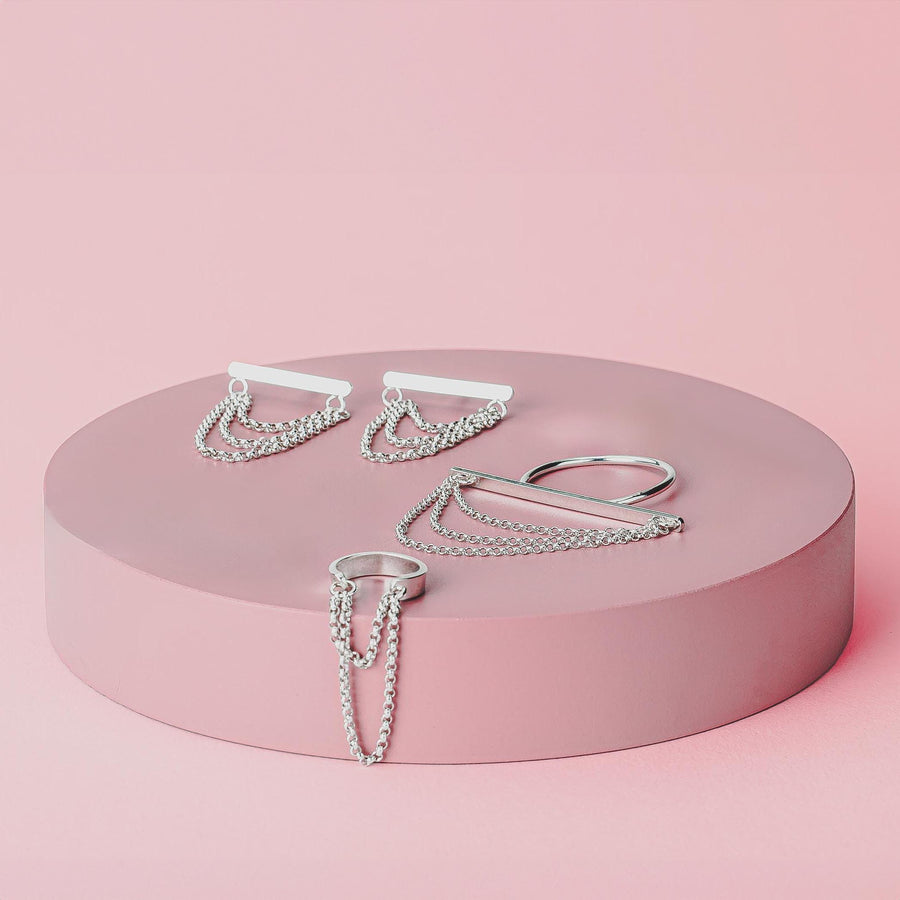 Athena Gift Set | Earrings, Ring & Ear Cuff | Linear Sterling Silver Long Bar Line Rectangle Jewelry with Layered Chains | Gift for Her