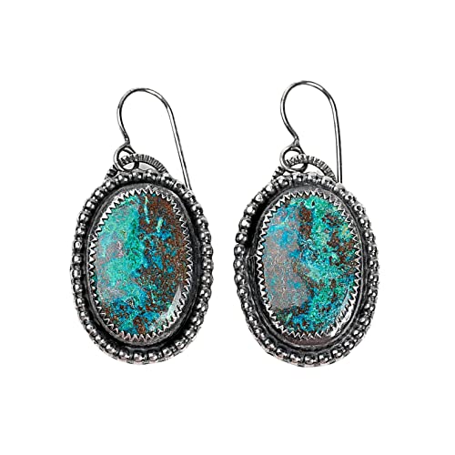 Azurite Gemstone Earrings | Large Oval Oxidized Black Sterling Silver Dangle Drop Earrings