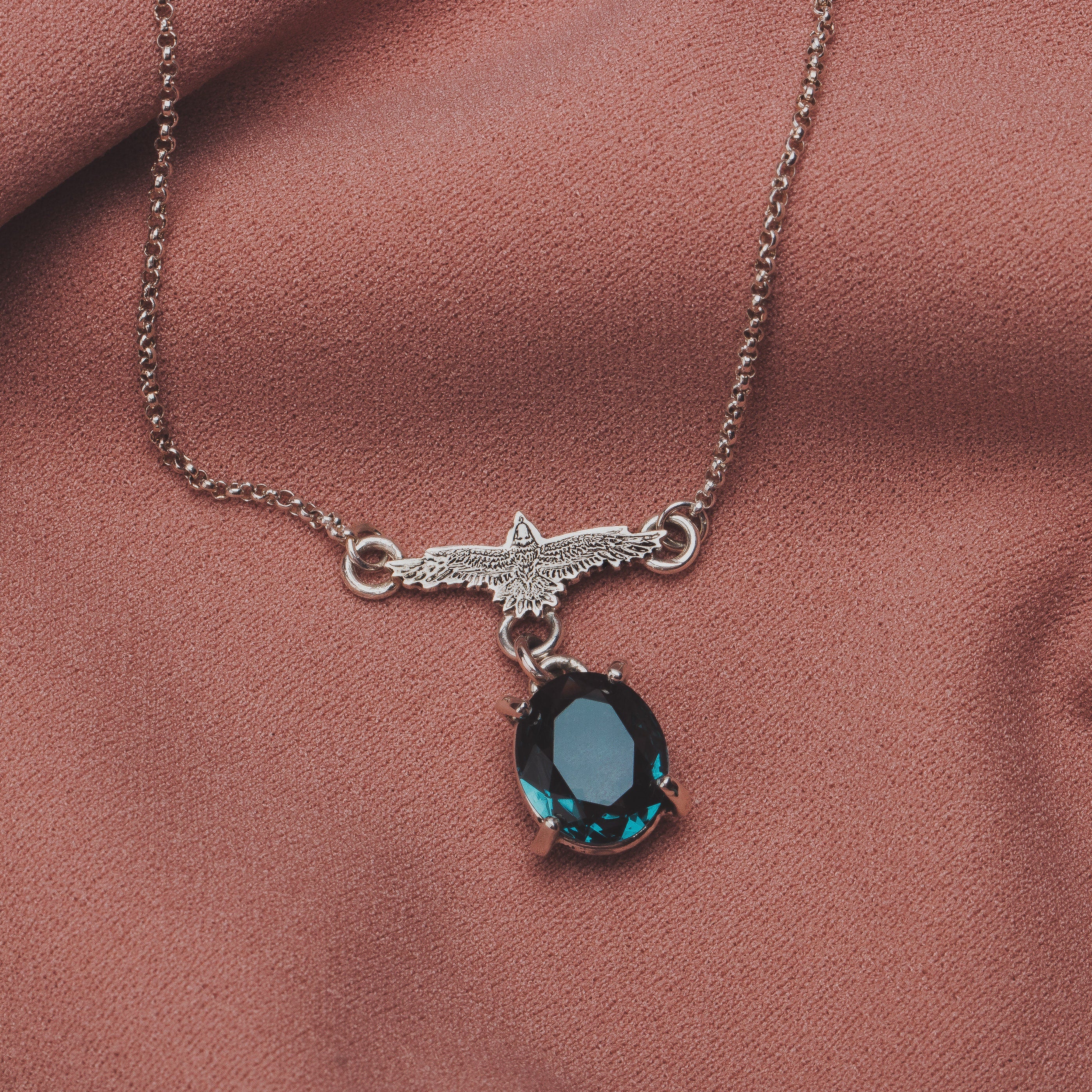 Raven Necklace With Faceted Teal Blue Topaz Gemstone In Sterling Silver | Small Aqua Teal Blue Flying Fly Bird Thunderbird Pendant