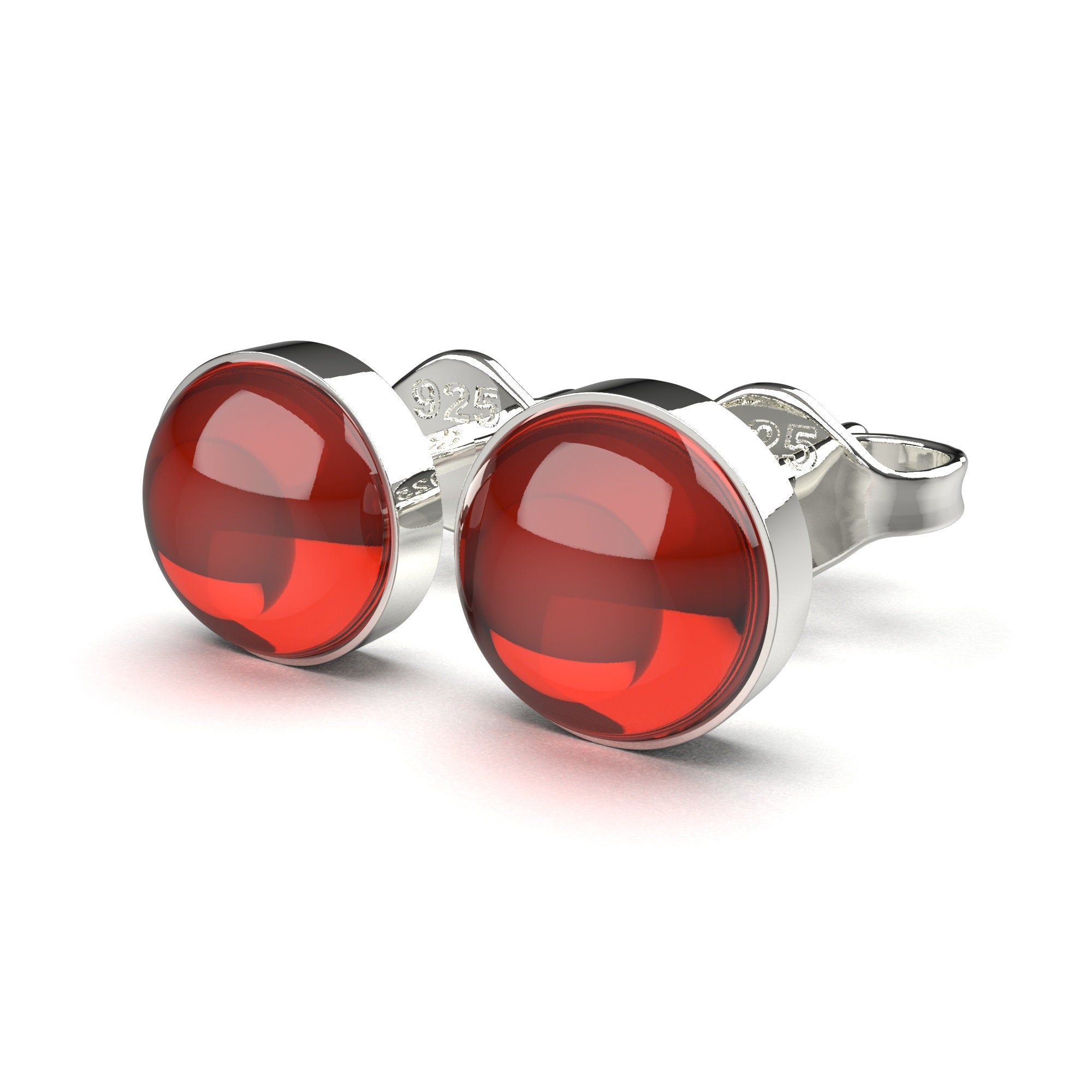 Red Garnet Gemstone Stud Earrings | Small Sterling Silver Round Circle Bright Red Stone Post Earrings | January Birthstone