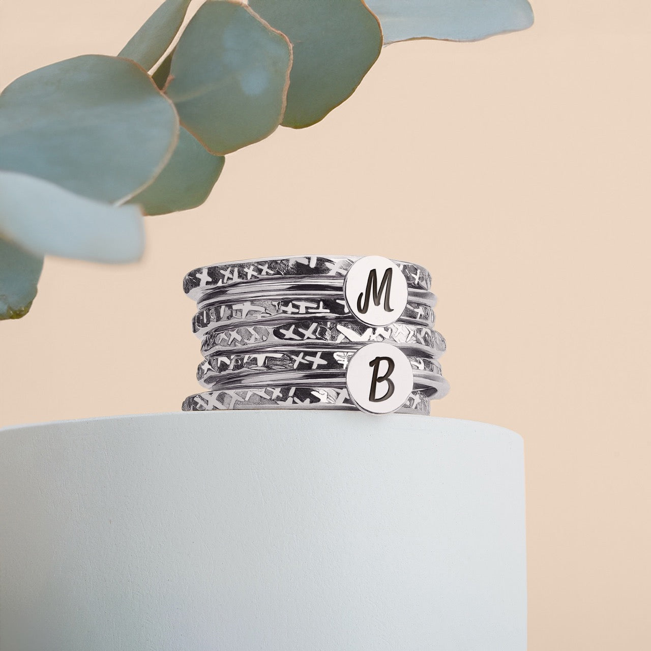 Initial Stacking Rings Set Of 7 In Gold, Silver, Or Rose Gold | Personalized Custom Letter Monogram Stackable Stack Stacking Family Ring