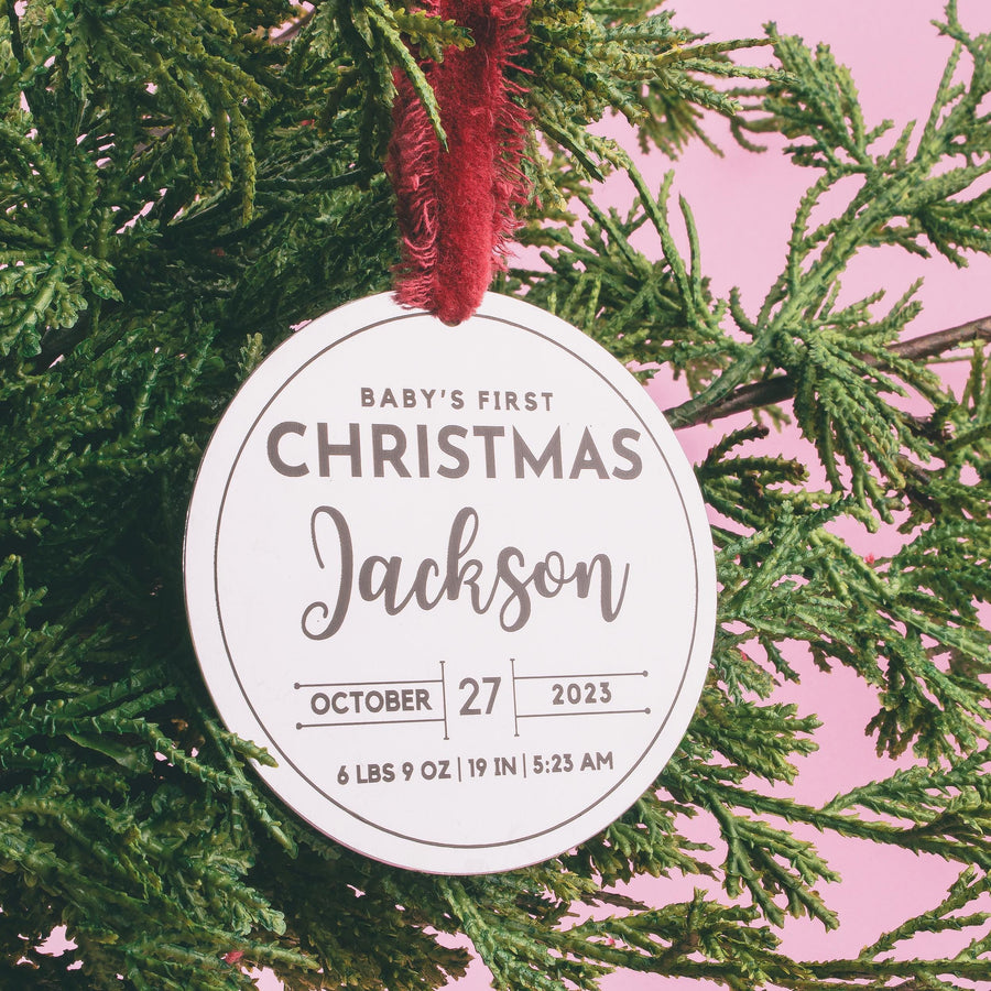 Personalized Ornament Baby's First Christmas | Custom Name & Birth Stats Holiday Decoration | Modern Brushed Stainless Steel Holiday Bauble