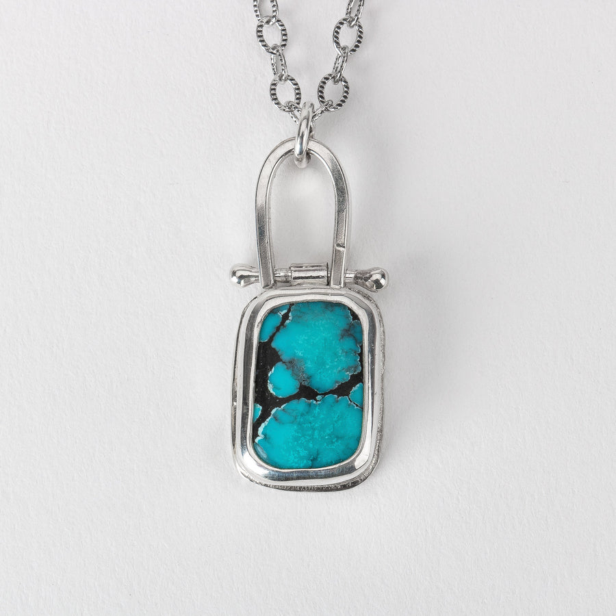 Rectangle Cloud Mountain Turquoise Hinge Necklace In Sterling Silver | Pinned Adjustable Aqua Blue And Black Spiderweb Boho Pendant