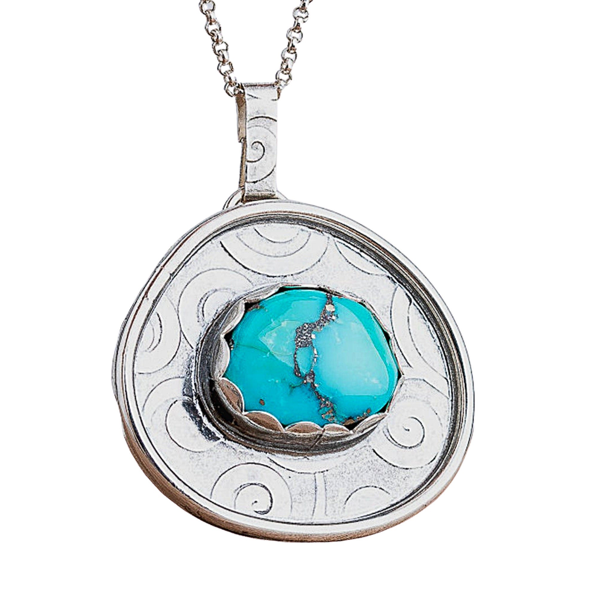 Morenci Turquoise Gemstone Necklace | Big Aqua Blue Bohemian Boho Style Pendant Necklace With Swirly Border In Sterling Silver
