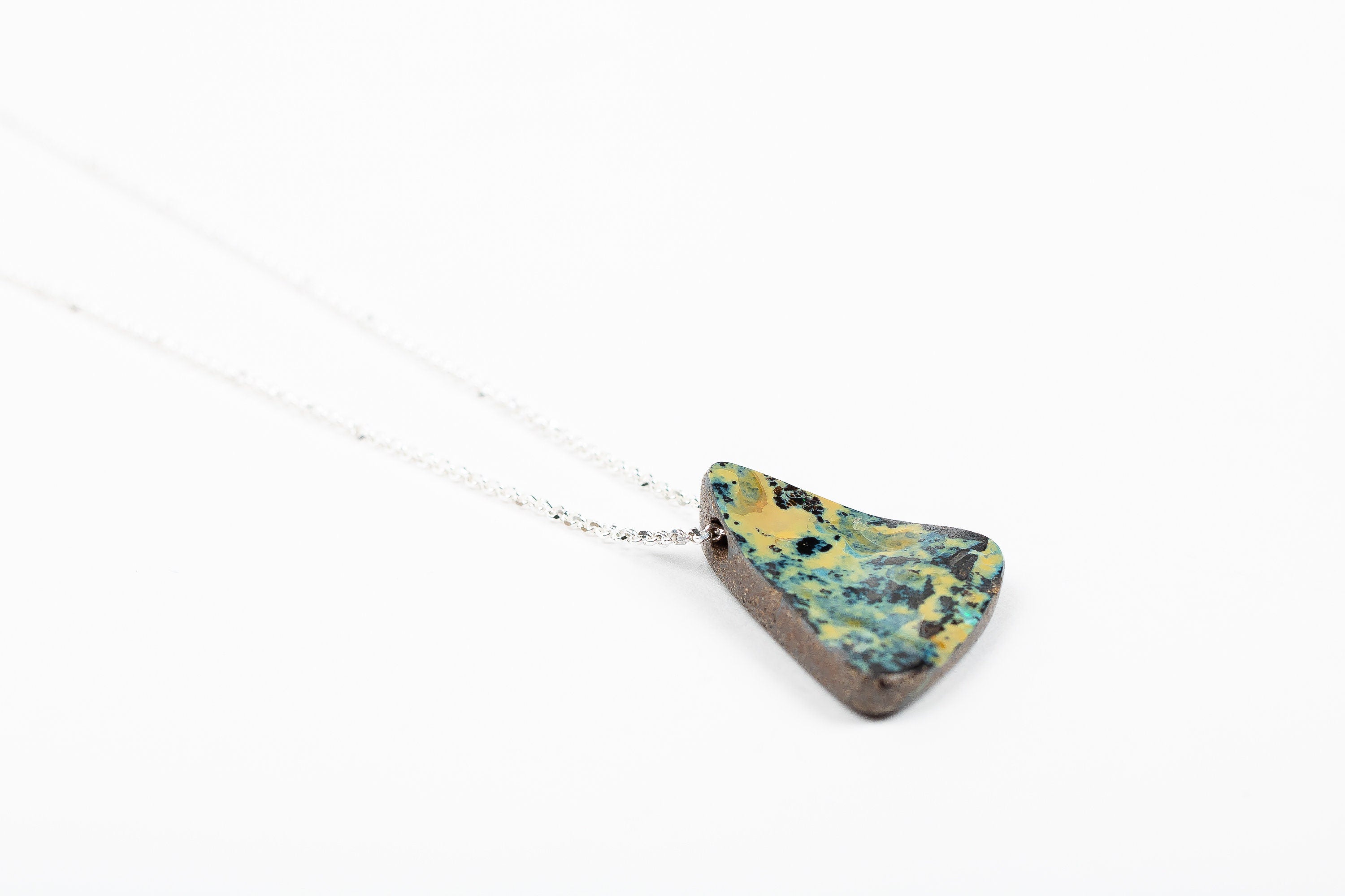 Green And Yellow Boulder Opal Necklace In Sterling Silver On Long Chain | Natural Multicolored Extra Long Gemstone Boho Pendant Necklace