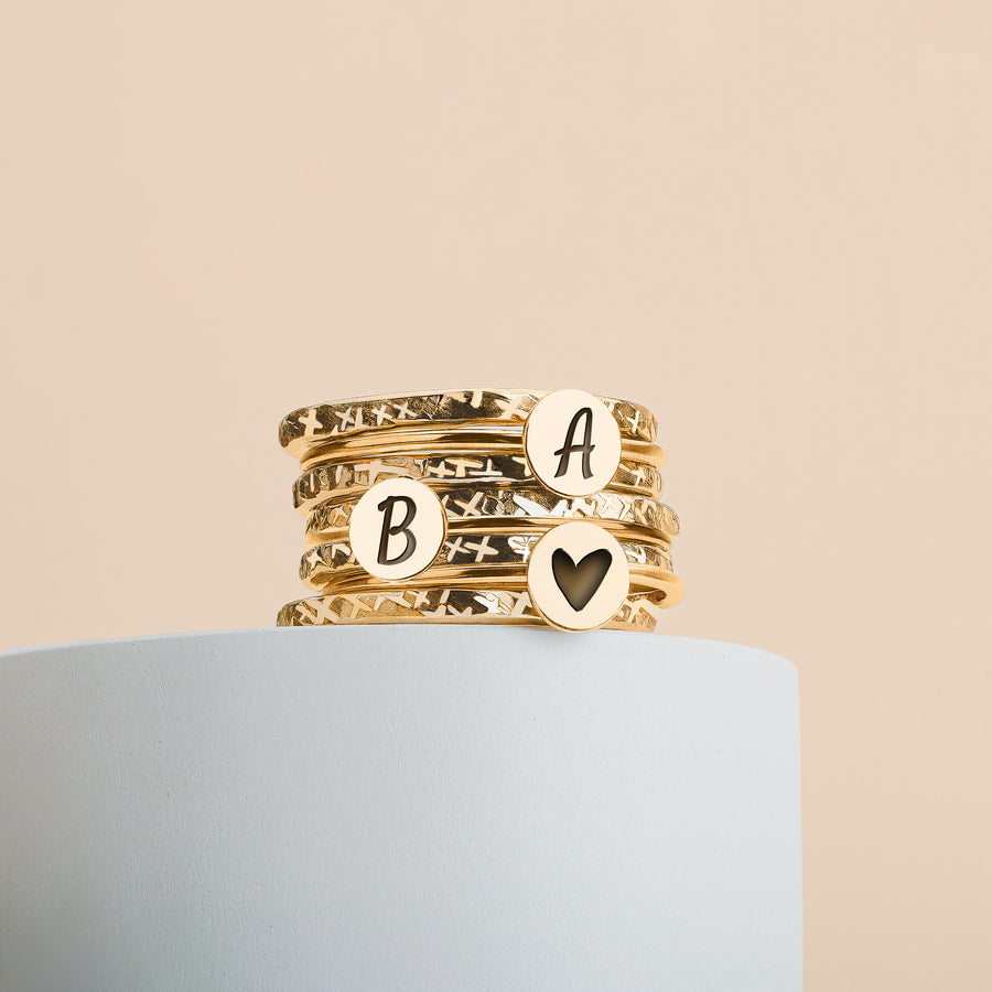 Stackable Initial Rings | Personalized Letter Monogram Stacking Family Rings | 3 Initials, 8 Ring Set | Gold, Silver Or Rose Gold