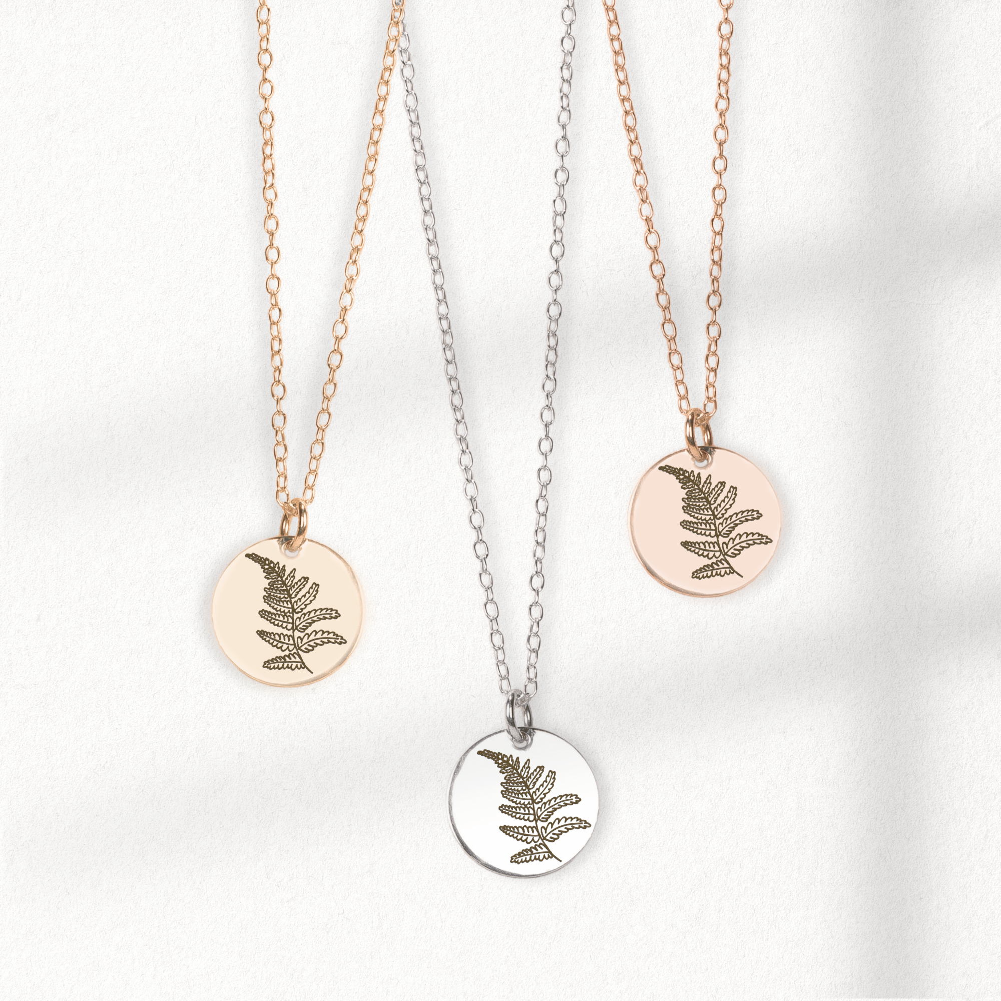 Fern Disc Necklace | Engraved Coin Necklace in Silver, Gold, or Rose Gold | Boho Bohemian Plant Nature Lover Jewelry for Women