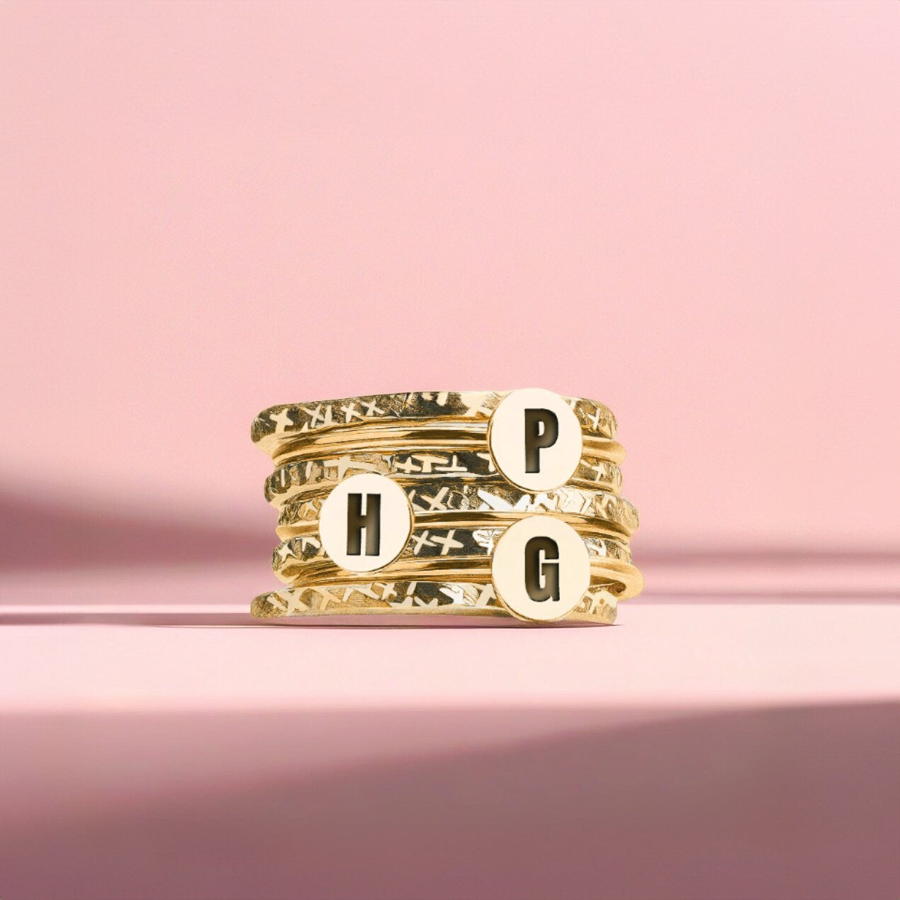 Stackable Initial Rings | Personalized Letter Monogram Stacking Family Rings | 3 Initials, 8 Ring Set | Gold, Silver Or Rose Gold
