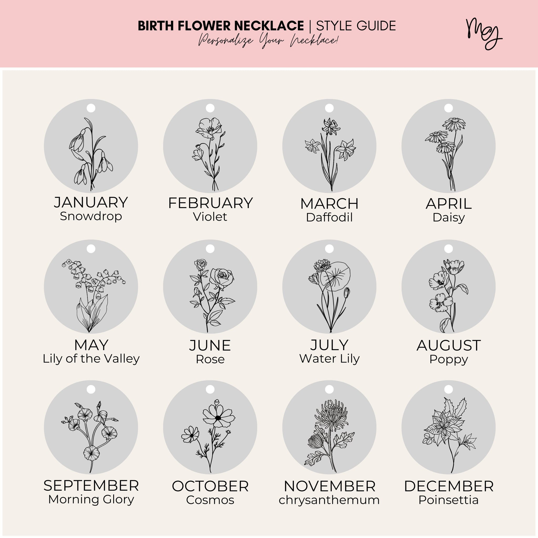 Birth Flower Disc Necklace | Personalized Engraved Circle, Silver Gold or Rose Gold | Floral Birthday Month Pendant Gift for Her Bridesmaid