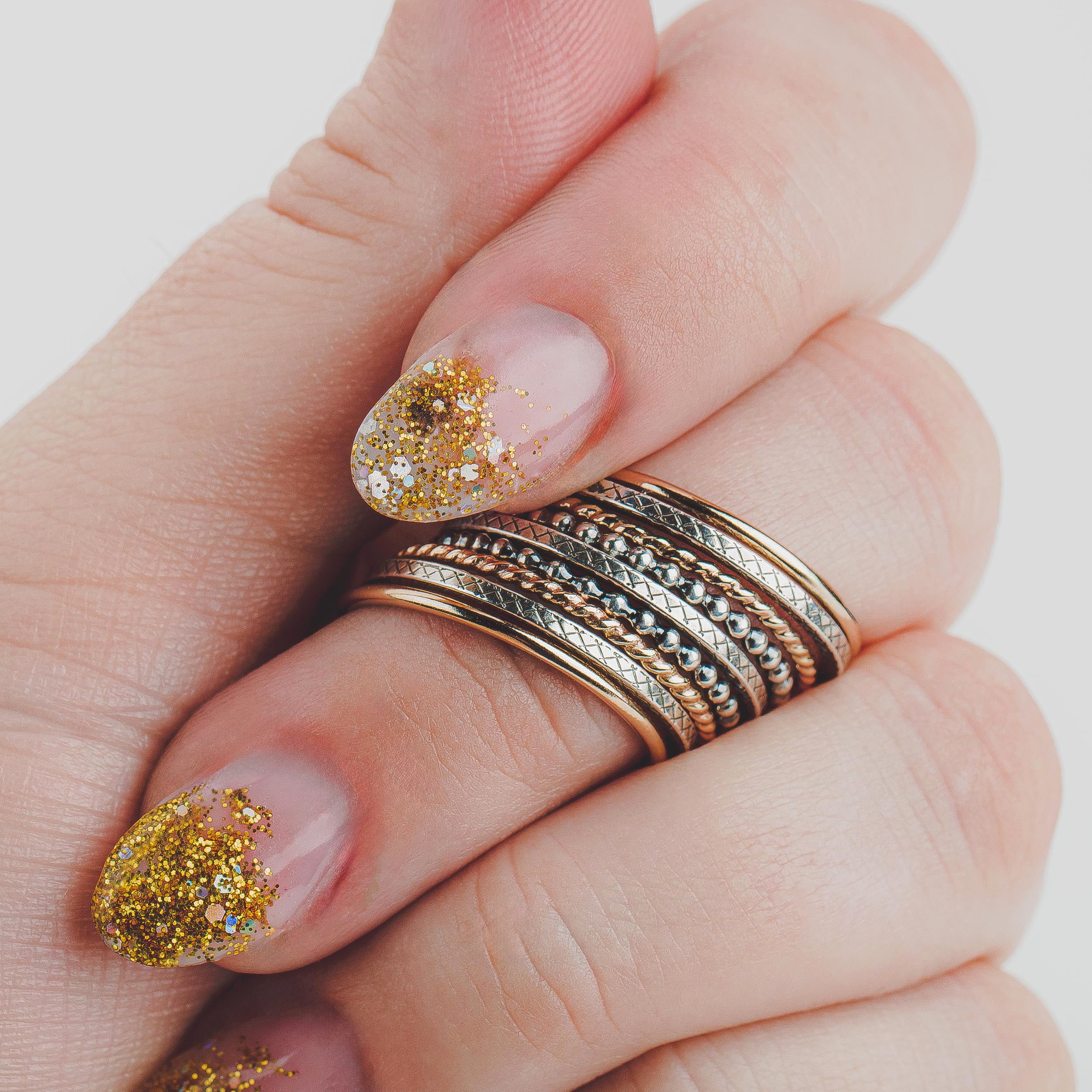 The Nova Stack | Set of 9 Mixed Metal Textured Stacking Rings in Gold and Silver | USA Sizes 4-12