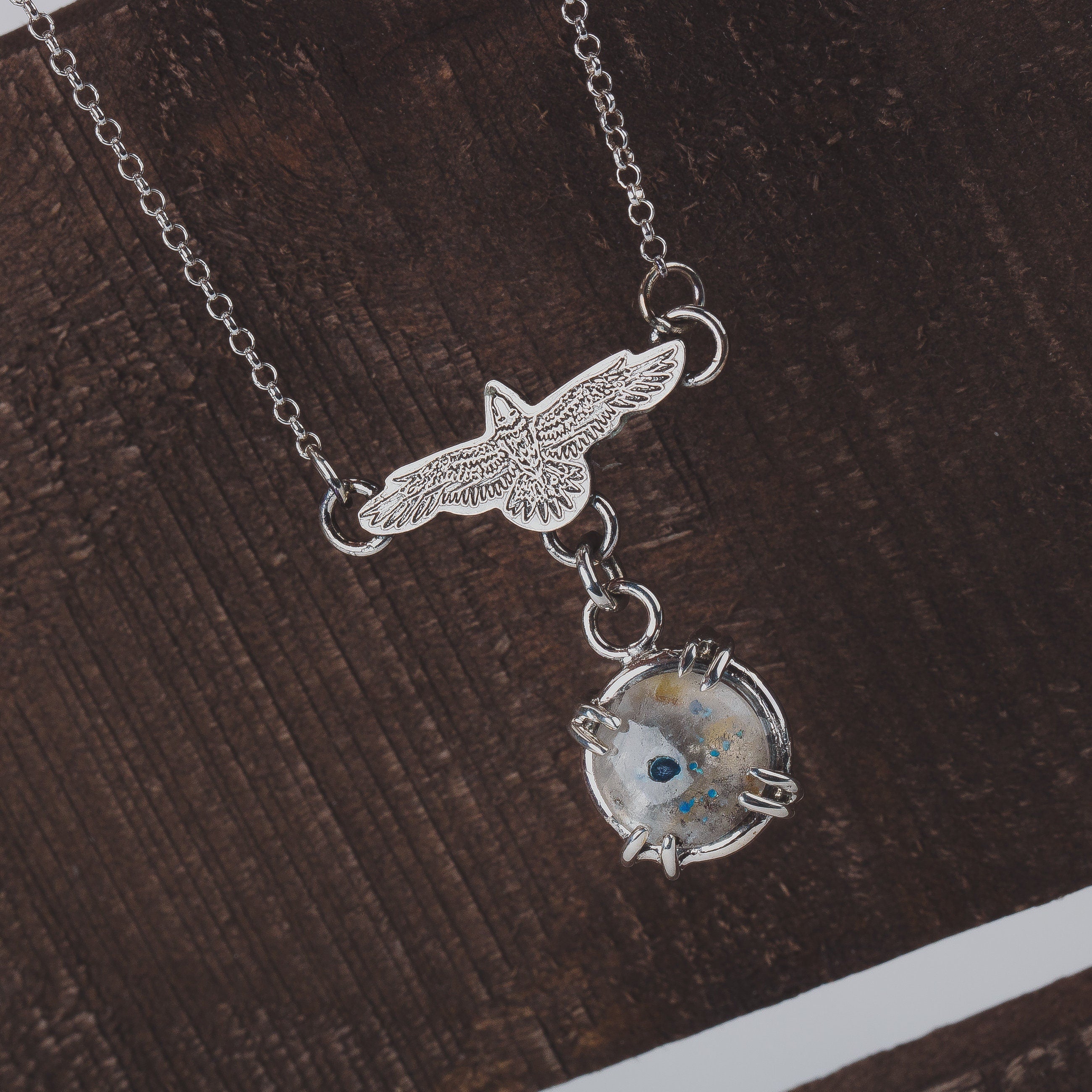 Raven Necklace With Super Rare Medusa Quartz Gemstone In Sterling Silver | Small Aqua Teal Blue Flying Fly Bird Thunderbird Pendant Charm