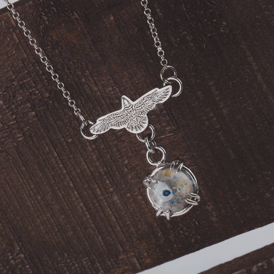 Raven Necklace With Super Rare Medusa Quartz Gemstone In Sterling Silver | Small Aqua Teal Blue Flying Fly Bird Thunderbird Pendant Charm