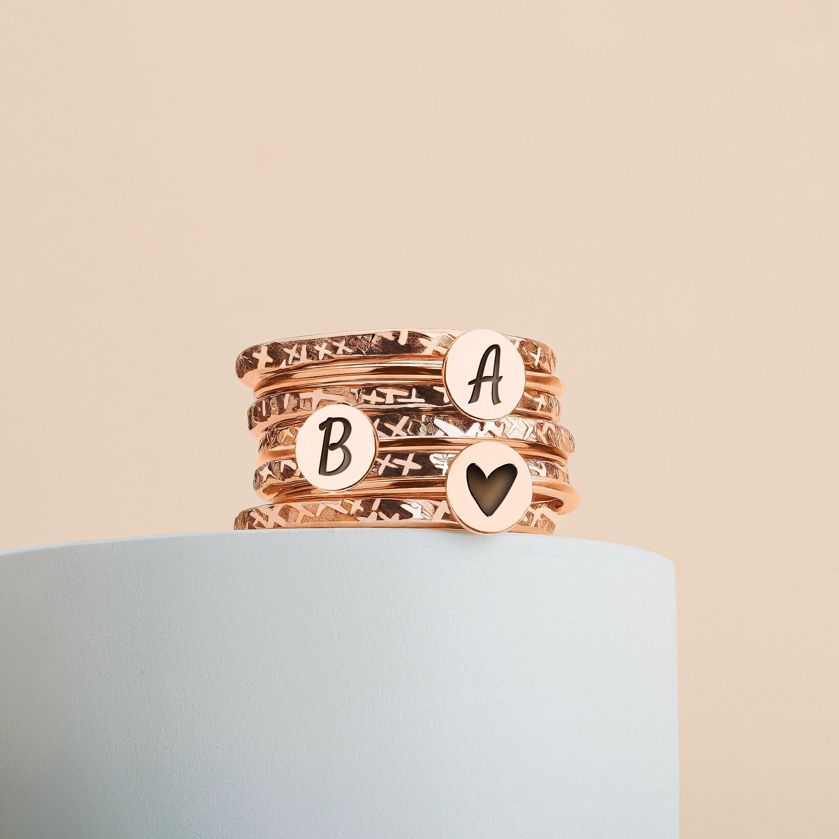 Stackable Initial Rings | Personalized Letter Monogram Stacking Family Rings | 3 Initials, 8 Ring Set | Gold, Silver Or Rose Gold