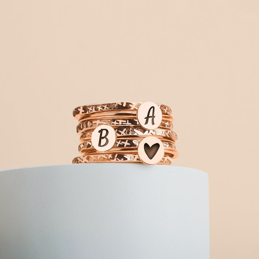 Stackable Initial Rings | Personalized Letter Monogram Stacking Family Rings | 3 Initials, 8 Ring Set | Gold, Silver Or Rose Gold
