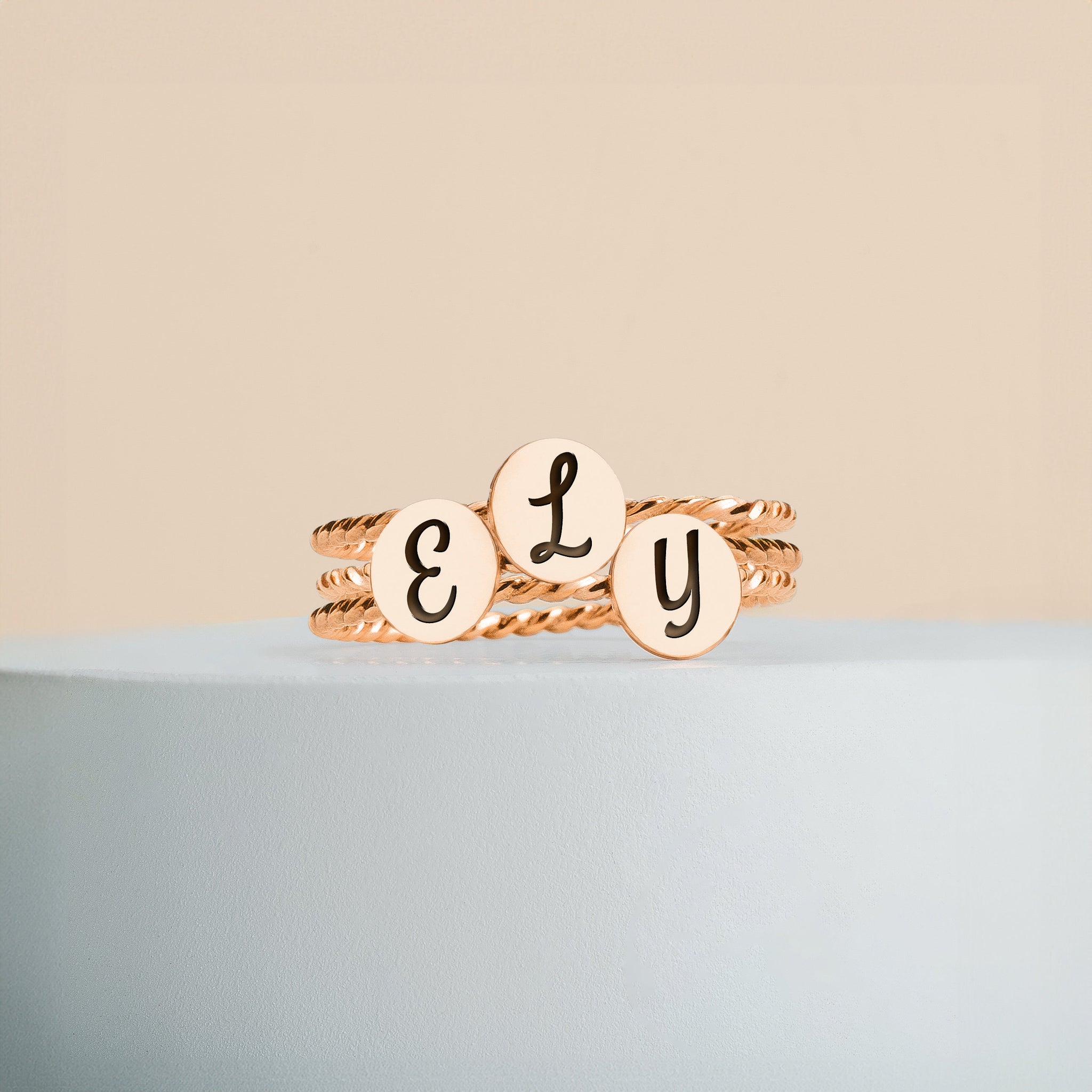 Set of 3 Initial Braided Rope Stacking Rings | Twist Personalized Monogram Letter Stack | Silver Gold or Rose | Family Signet Stackable Ring