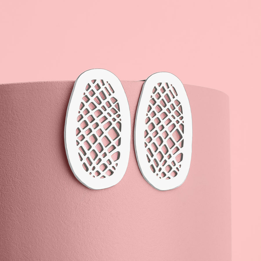 Lattice Stud Earrings | Sterling Silver Large Big Organic Shaped Oval Crosshatched Checkered Grid Post Earrings | Perfect Gift for Her