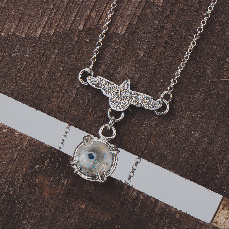 Raven Necklace With Super Rare Medusa Quartz Gemstone In Sterling Silver | Small Aqua Teal Blue Flying Fly Bird Thunderbird Pendant Charm