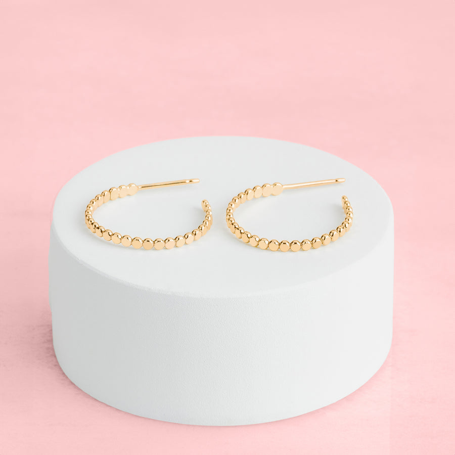 Medium Glimmer Hoop Earrings | Gold, Rose Gold, Silver | Mini Dotted Dot Beaded Bead Huggie Hoops | Hammered Minimalist Everyday Studs