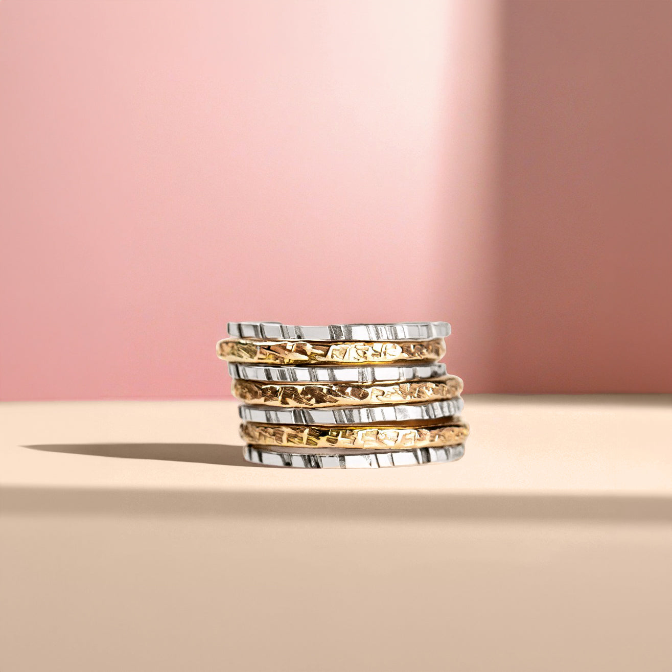 The Lyra Stack | Mixed Metal Stacking Rings Set Of 7 | Gold and Silver Hammered Stacking Stackable Rings | USA Sizes 4-12