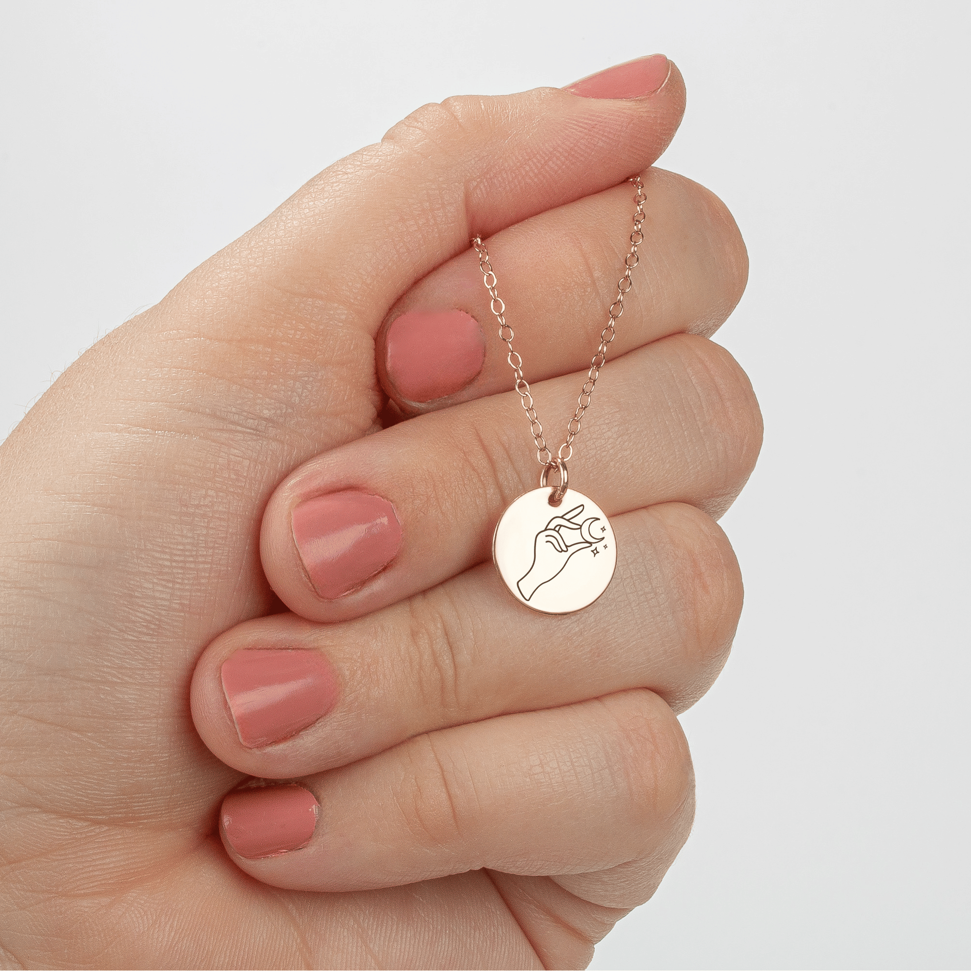 Lady of The Moon Engraved Disc Necklace in Silver, Gold, or Rose Gold | Small Round Circle Boho Bohemian Hippy Gypsy Jewelry for Women