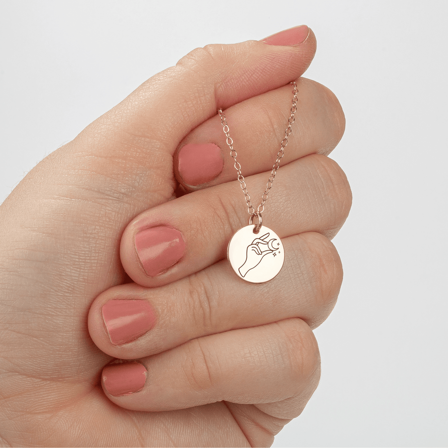 Lady of The Moon Engraved Disc Necklace in Silver, Gold, or Rose Gold | Small Round Circle Boho Bohemian Hippy Gypsy Jewelry for Women