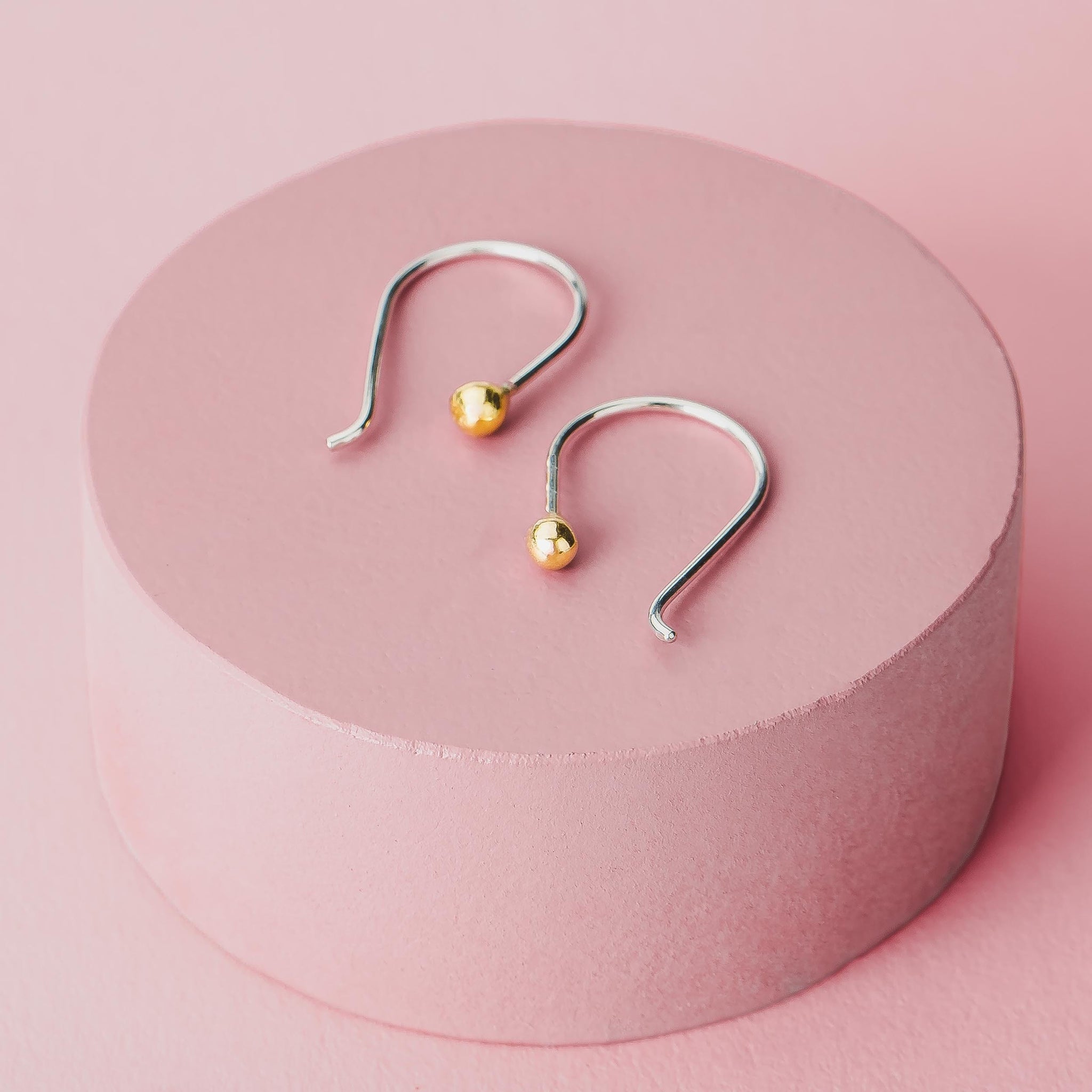 Gold Dot Pull Through Earrings | Small Hook Threader Drop Earrings, Mixed Metal Sterling Silver & 14K Gold | Wire Hoop Modern Minimalist