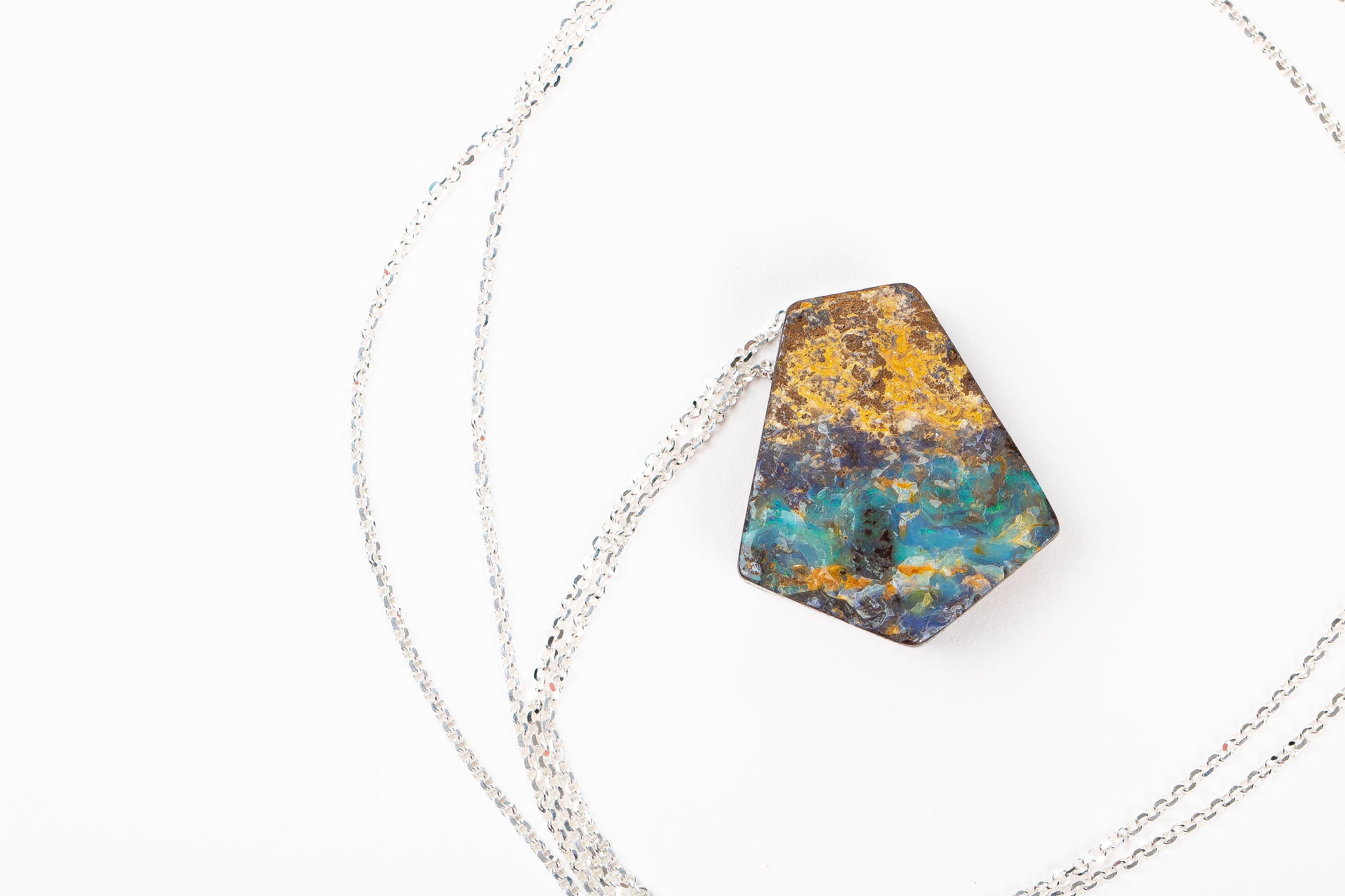 Long Colorful Boulder Opal Necklace In Sterling Silver |Natural RawRainbow Multicolored Extra Long Boho Bohemian Pendant Necklace