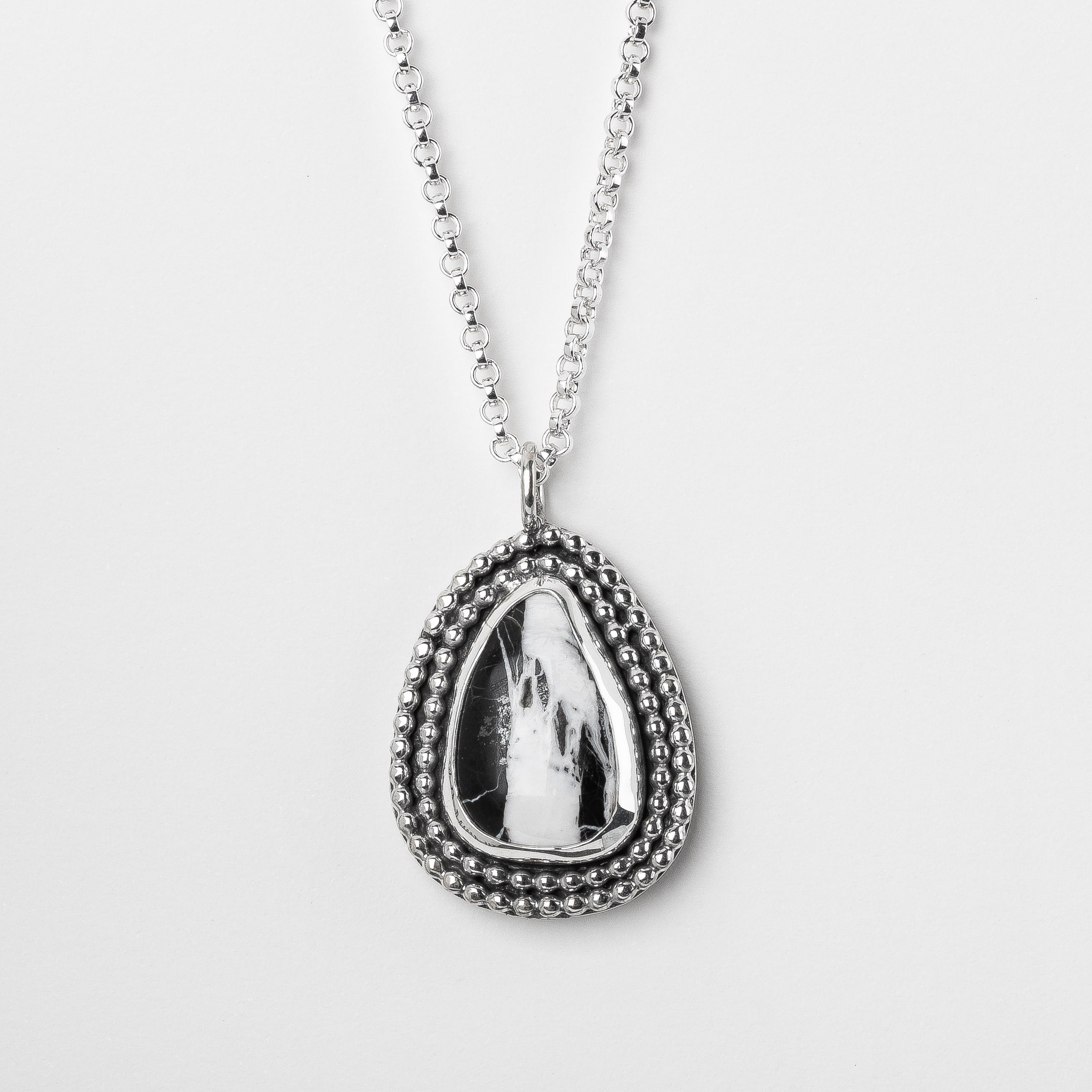 White Buffalo Turquoise Necklace In Sterling Silver | Huge Big Black And White Teardrop Boho Bohemian Pendant With Double Beaded Border