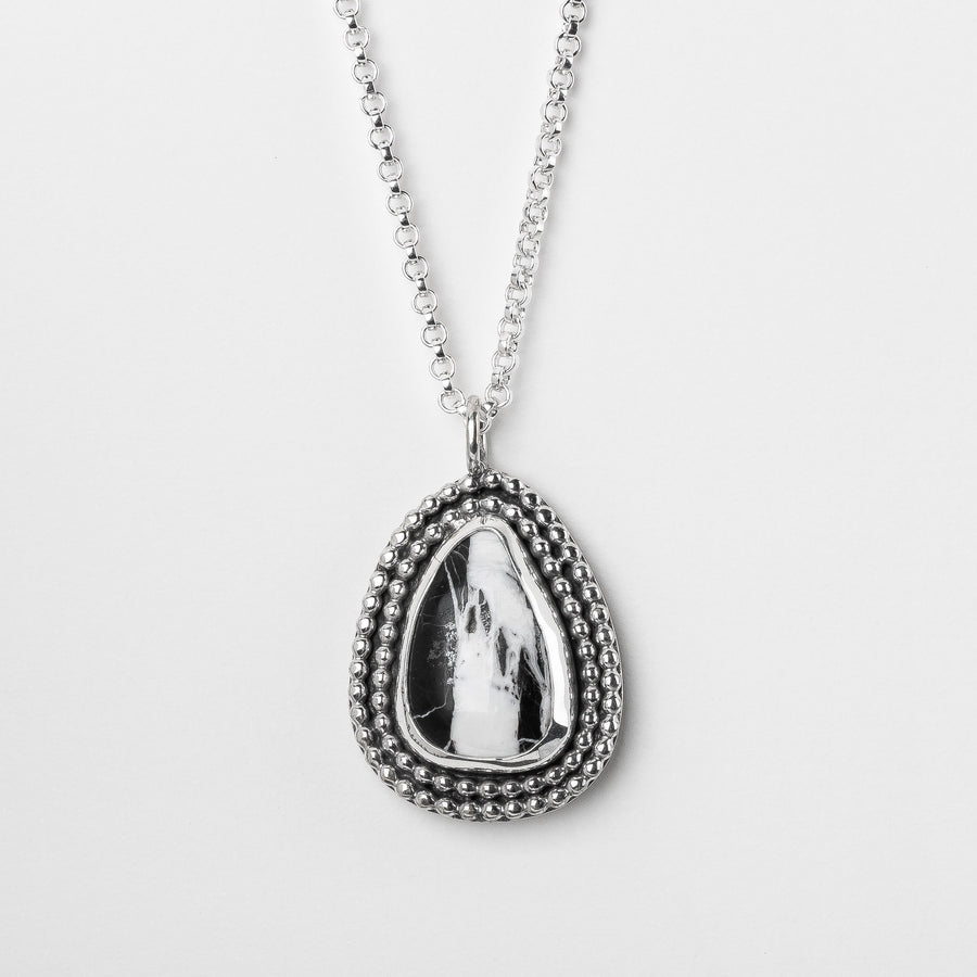 White Buffalo Turquoise Necklace In Sterling Silver | Huge Big Black And White Teardrop Boho Bohemian Pendant With Double Beaded Border