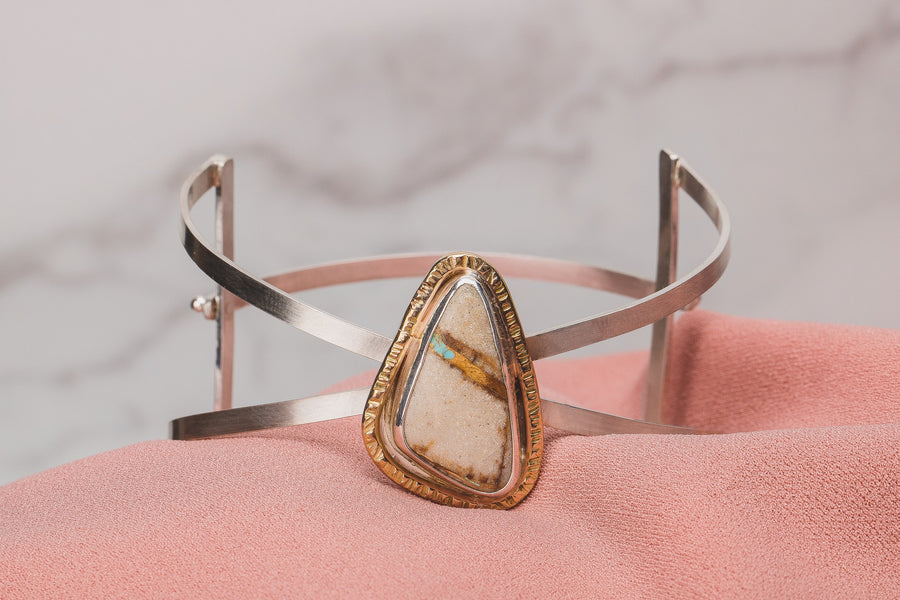 Royston Ribbon Turquoise Cuff Bracelet | Mixed Metal Aqua Blue Triangle Gemstone Cuff With Safety Latch | Boho Bohemian Jewelry