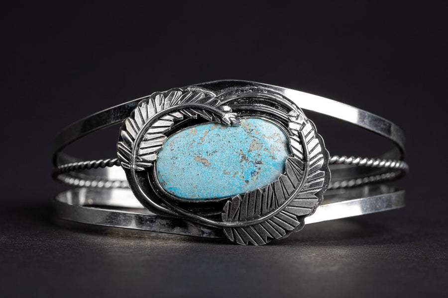 Blue Ridge Lightning Turquoise Cuff Bracelet With Feathers | Huge One Of A Kind Sterling Silver Aqua Blue Bohemian Boho Indian Navajo Cuff