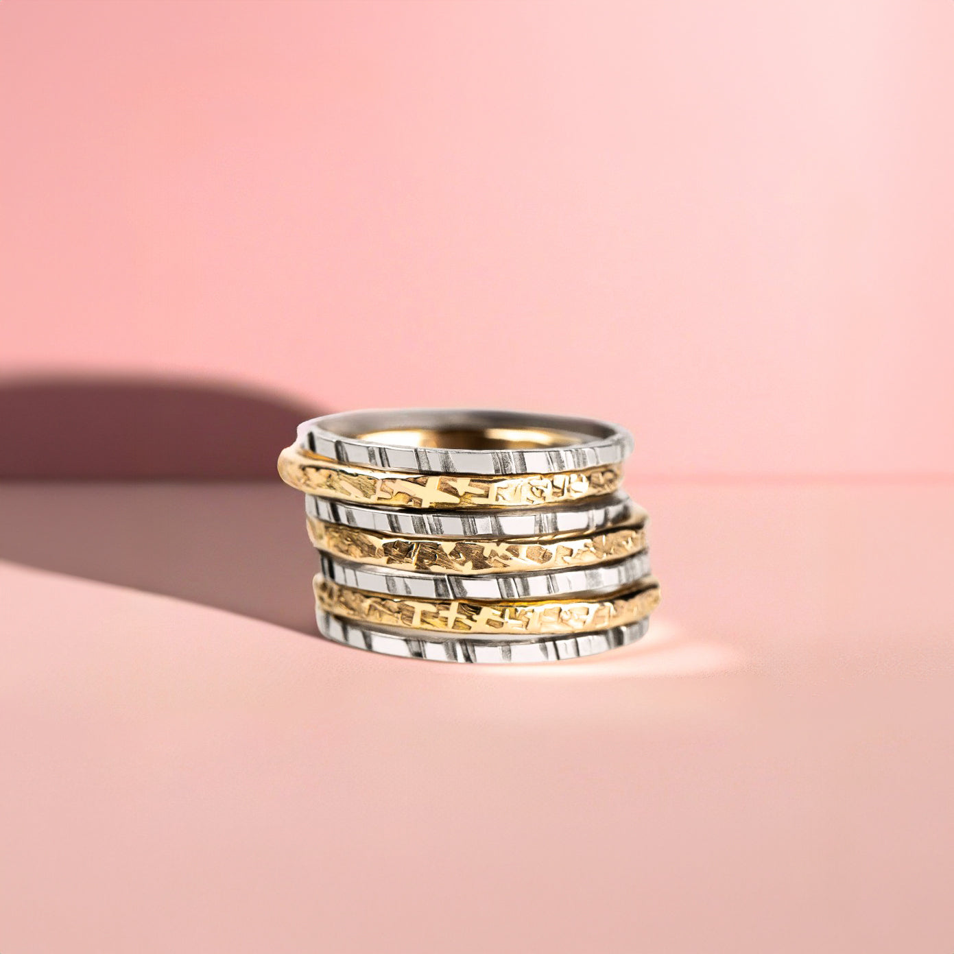 The Lyra Stack | Mixed Metal Stacking Rings Set Of 7 | Gold and Silver Hammered Stacking Stackable Rings | USA Sizes 4-12