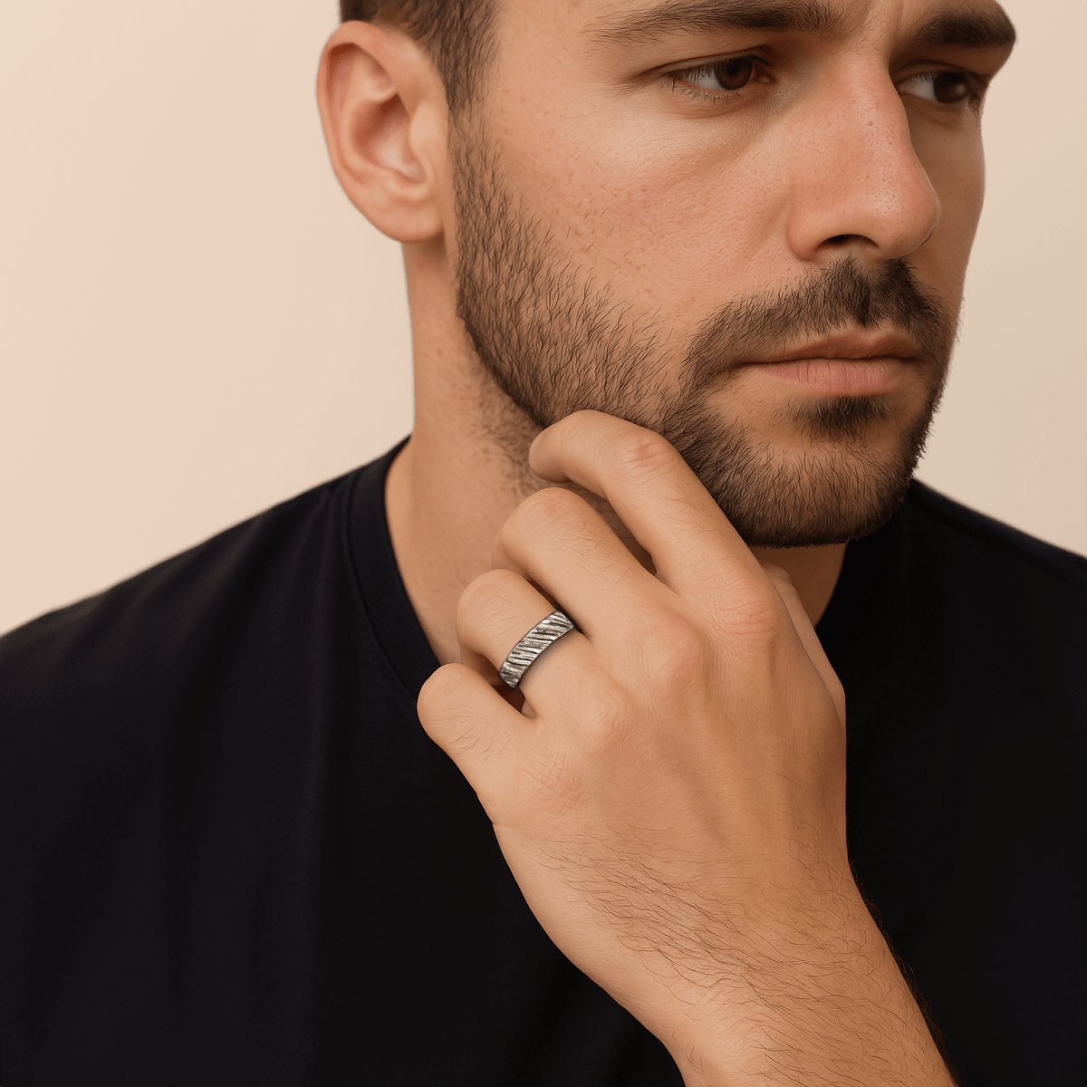 Dune Ring | Mens Diagonal Lined Rough & Rugged Hammered Wide Band | Oxidized Black Sterling Silver | Wedding Engagement Ring Gift for Men