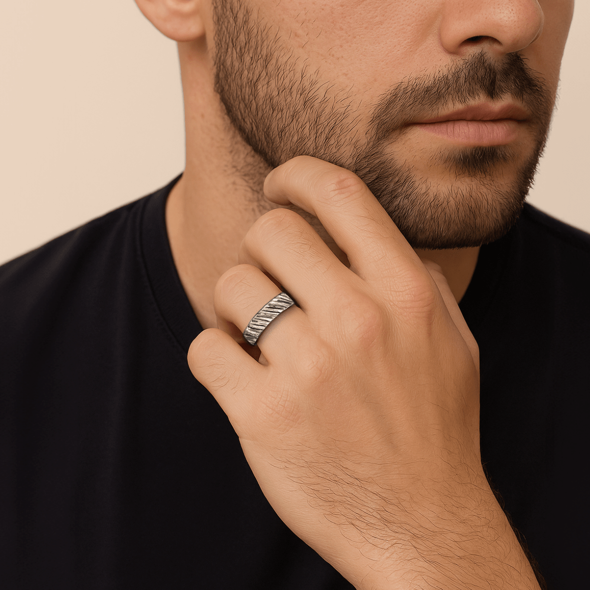 Dune Ring | Mens Diagonal Lined Rough & Rugged Hammered Wide Band | Oxidized Black Sterling Silver | Wedding Engagement Ring Gift for Men