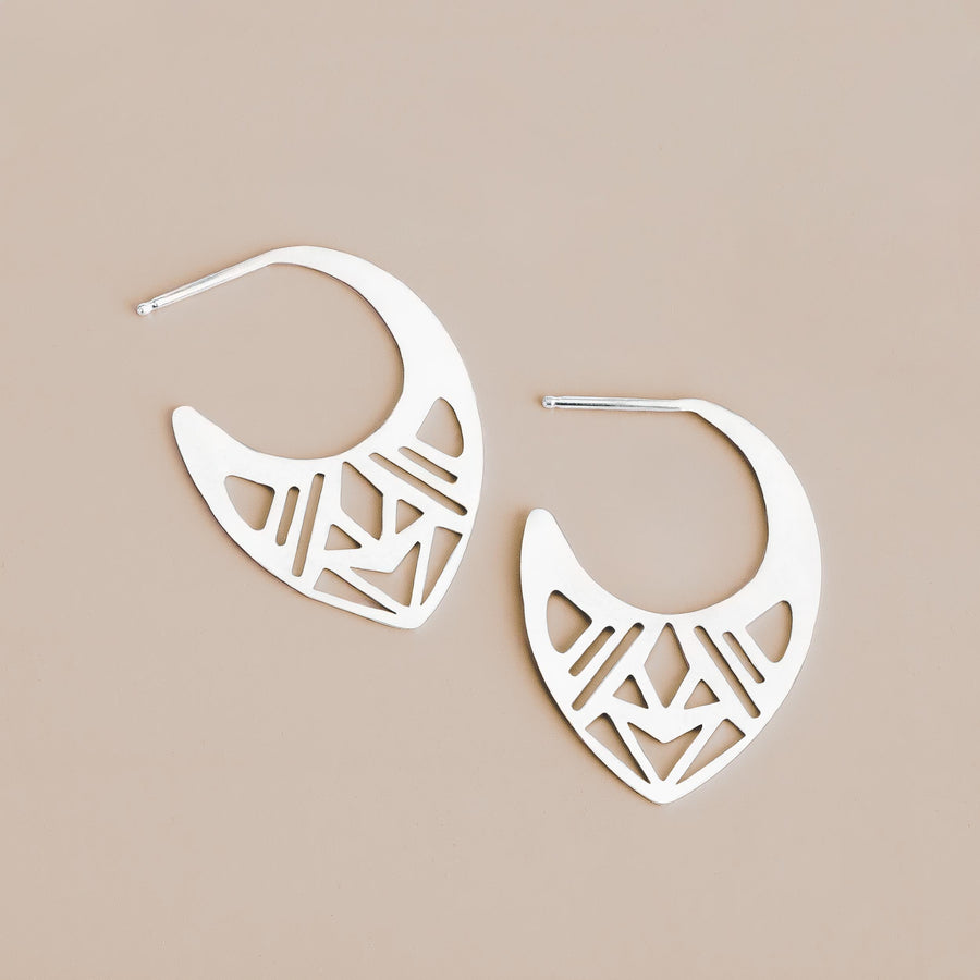 Ophelia Hoop Earrings | Sterling Silver Large Big Geometric Cut Out Greek Goddess Earrings | Bohemian Ethnic Tribal | Perfect Gift for Her