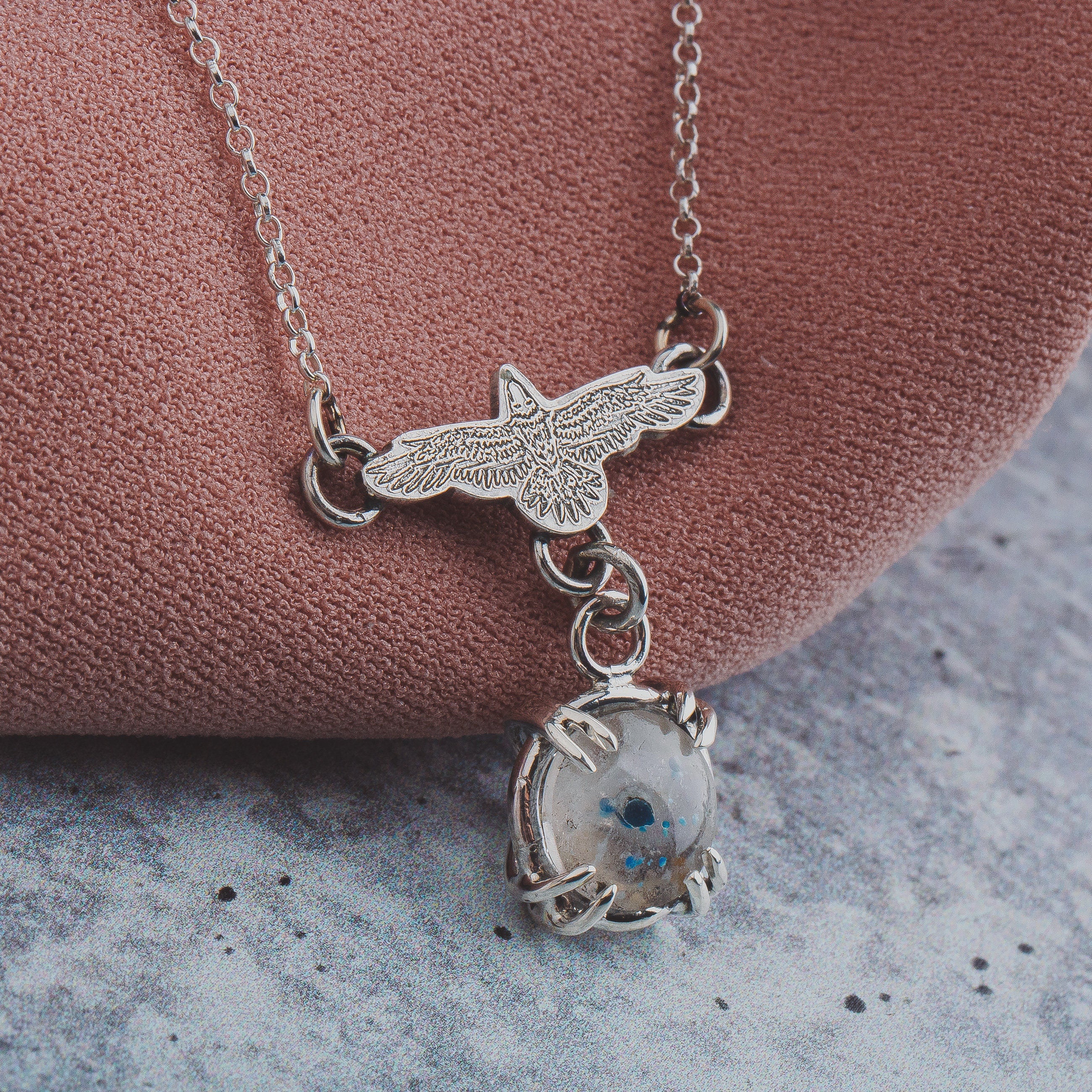 Raven Necklace With Super Rare Medusa Quartz Gemstone In Sterling Silver | Small Aqua Teal Blue Flying Fly Bird Thunderbird Pendant Charm
