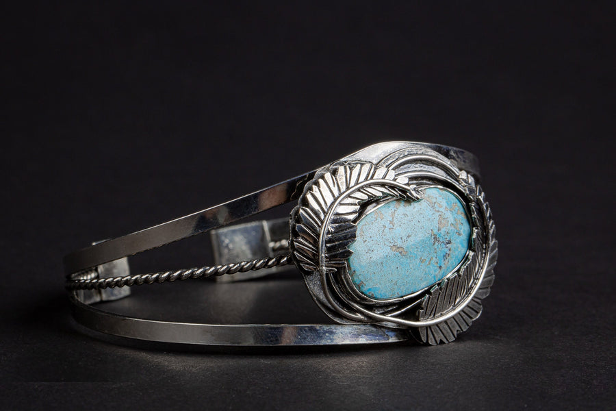 Blue Ridge Lightning Turquoise Cuff Bracelet With Feathers | Huge One Of A Kind Sterling Silver Aqua Blue Bohemian Boho Indian Navajo Cuff