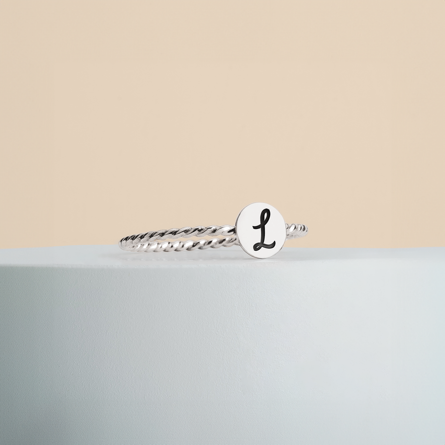 Initial Braided Rope Ring | Personalized Custom Letter Ring Band in Silver, Gold, Or Rose Gold | Family Signet Monogram Stackable Twist Ring