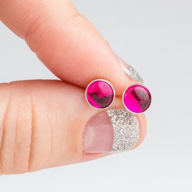 Ruby Gemstone Stud Earrings | Sterling Silver Hot Pink Round Circle Post Earrings