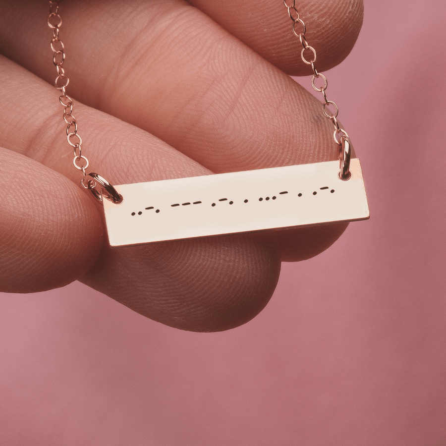 Personalized Morse Code Bar Necklace | Custom Engraved Skinny Nameplate Bar Necklace in Silver, Gold, or Rose Gold | Customized Gift for Her