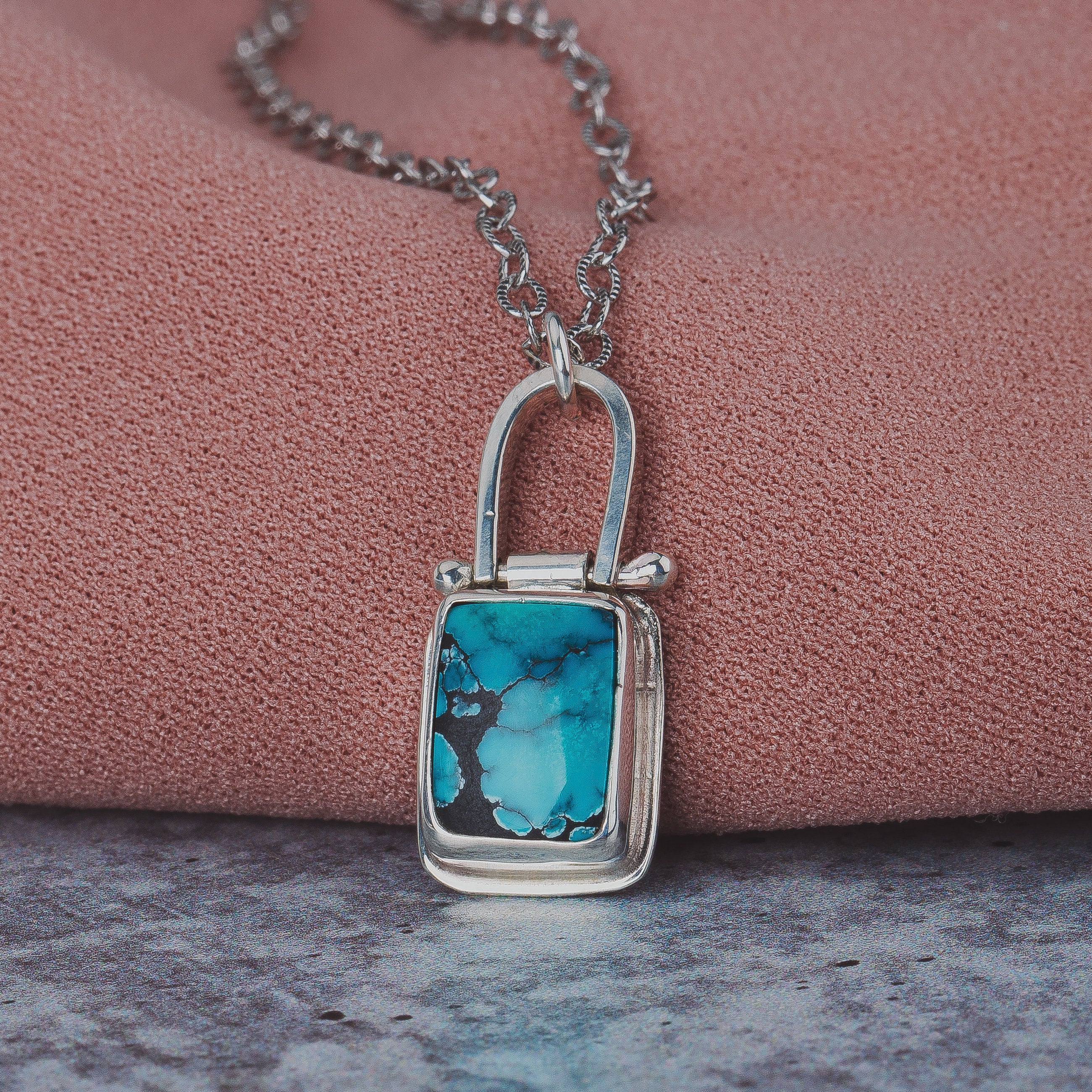 Rectangle Cloud Mountain Turquoise Hinge Necklace In Sterling Silver | Pinned Adjustable Aqua Blue And Black Spiderweb Boho Pendant