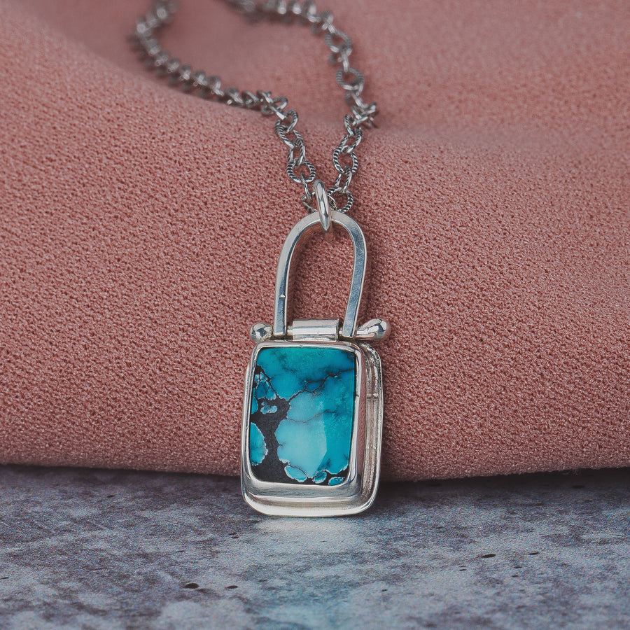 Rectangle Cloud Mountain Turquoise Hinge Necklace In Sterling Silver | Pinned Adjustable Aqua Blue And Black Spiderweb Boho Pendant