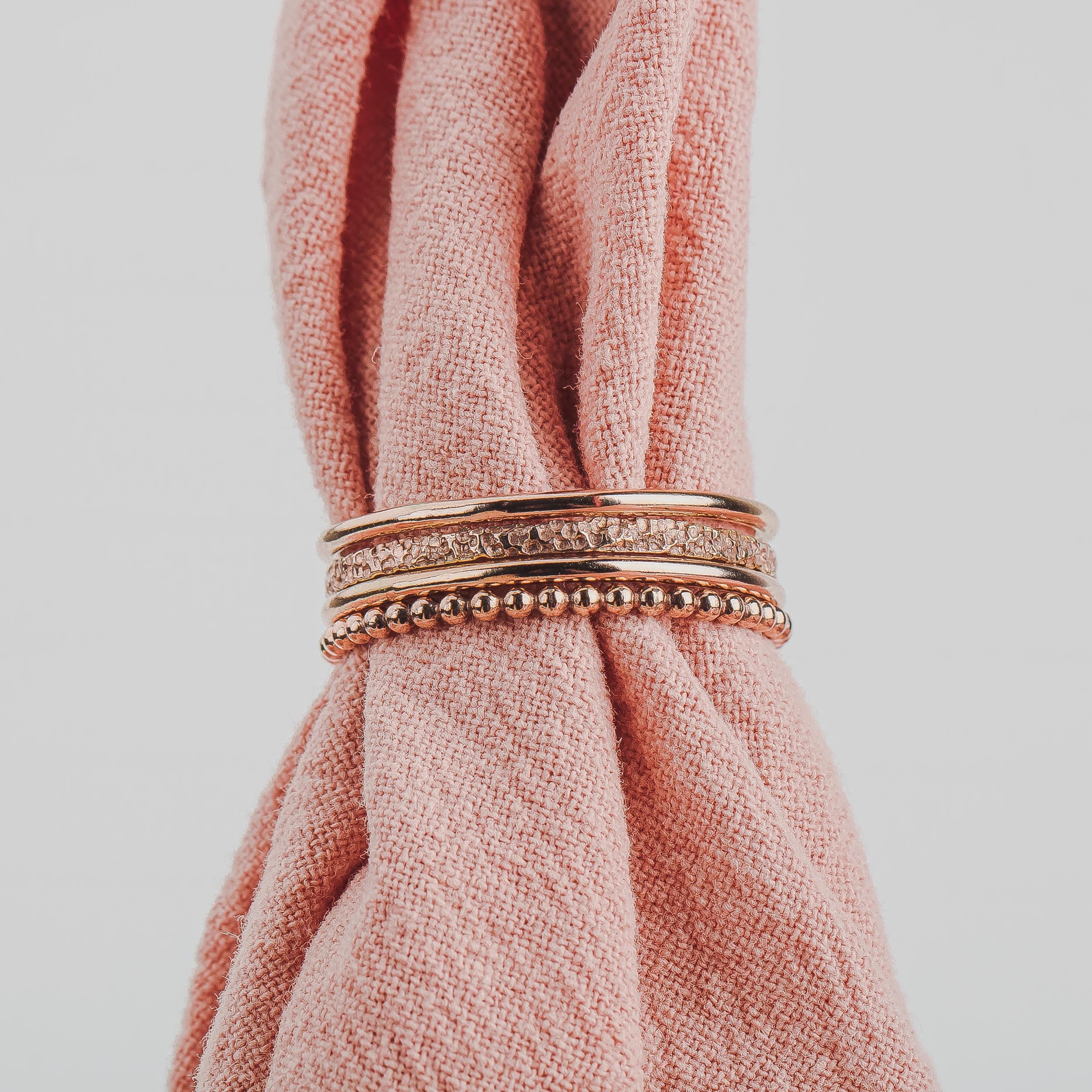 The Claire Stack | Set of 4 Stacking Rings | Smooth, Boulder, and Dot Stackable Stack Rings | Gold, Rose or Silver Mixed Hammered Ring Bands