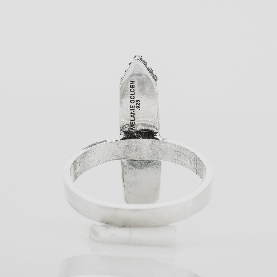 Size 6.75 Long Rectangle Aqua Blue Royston Turquoise Gemstone Ring In Sterling Silver | Beaded Boho Bohemian Teal Blue Statement Ring