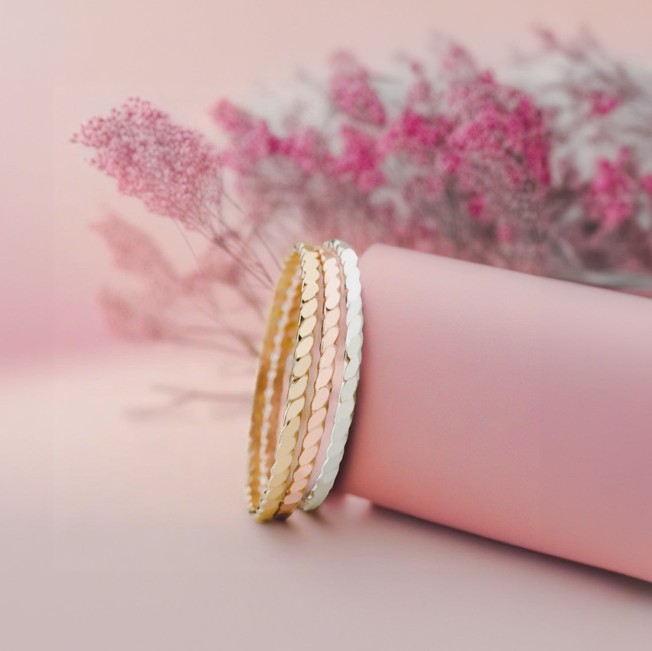 Trio of Helix Stacking Rings | Set of 3 Mixed Metal Thin Stacking Hammered Twist Rings | Silver Gold & Rose Gold | Comfort Fit Sizes 2-12