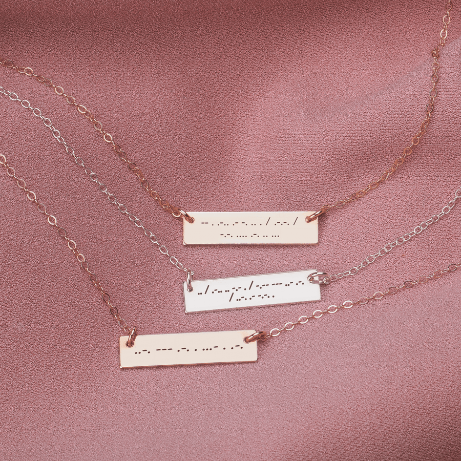 Personalized Morse Code Bar Necklace | Custom Engraved Skinny Nameplate Bar Necklace in Silver, Gold, or Rose Gold | Customized Gift for Her