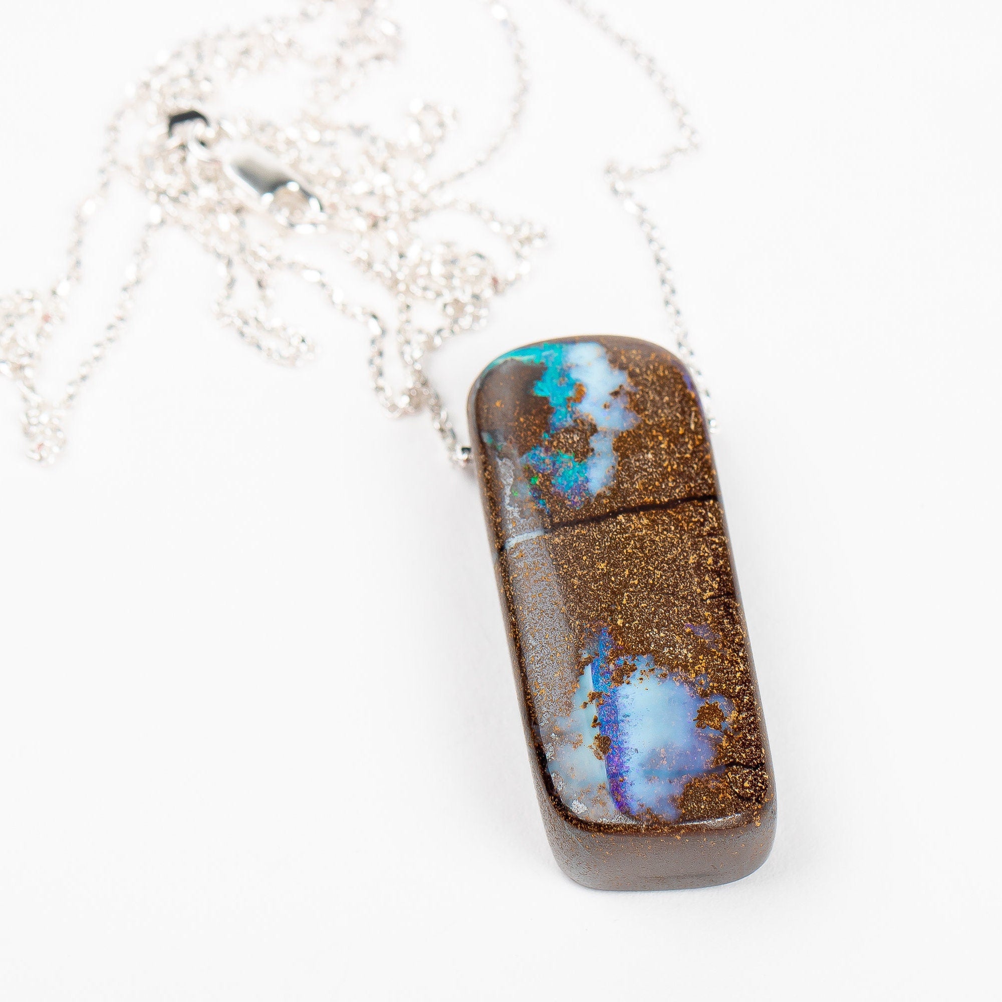 Huge Blue Boulder Opal Necklace In Sterling Silver On Long Rolo Chain | Natural Teal Multicolored Extra Long Gemstone Boho Pendant Necklace