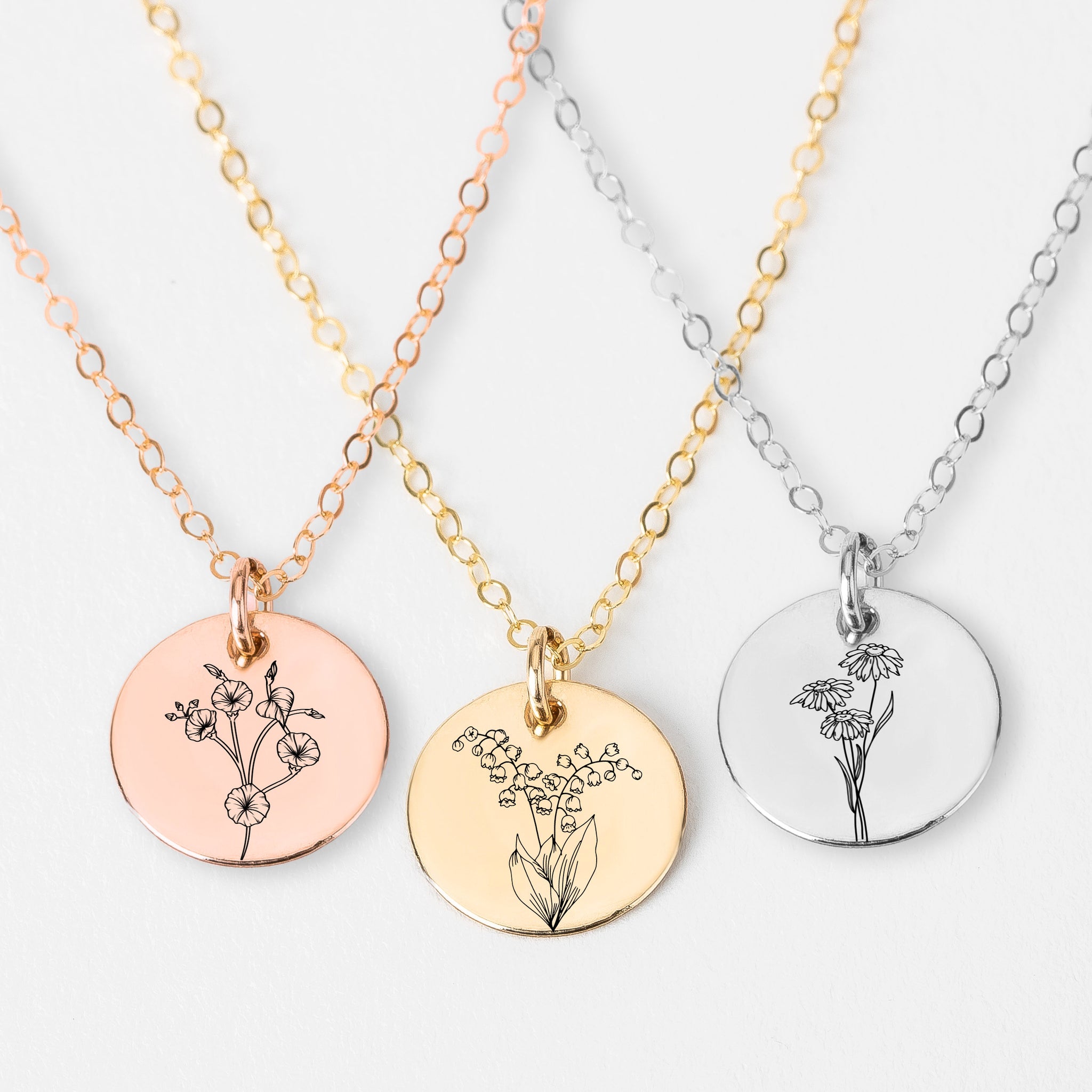 Birth Flower Disc Necklace | Personalized Engraved Circle, Silver Gold or Rose Gold | Floral Birthday Month Pendant Gift for Her Bridesmaid