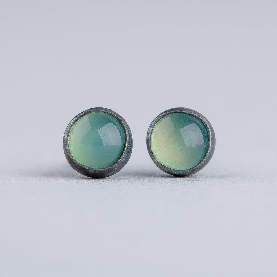 Lime Green Chrysoprase Gemstone Stud Earrings | Sterling Silver Round Circle Light Pastel Green Stone Post Earrings for Men & Women